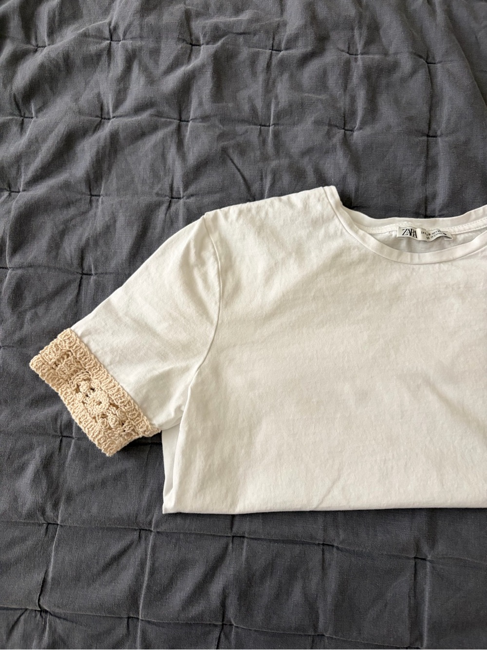 Zara White Crew Neck Tee with Subtle Crochet Trim, Small